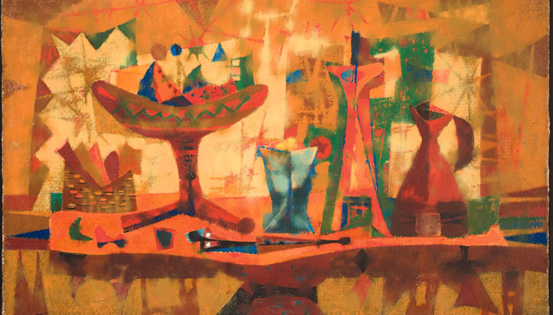 Naturaleza muerta con mesa naranja, óleo, 45 x 70, ca. 1950-1960.