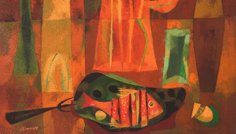 Naturaleza muerta jarra y pescado naranja, óleo, 50 x 55, ca. 1950.