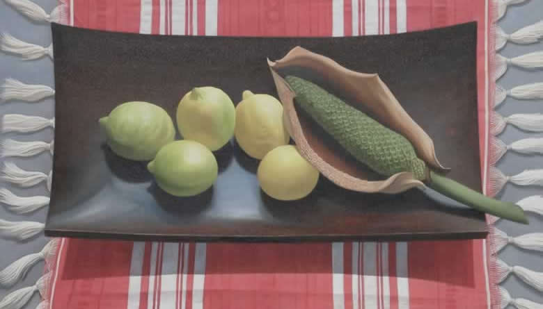 Piñanona con limones, óleo sobre lienzo, 69 x 90, 2015.